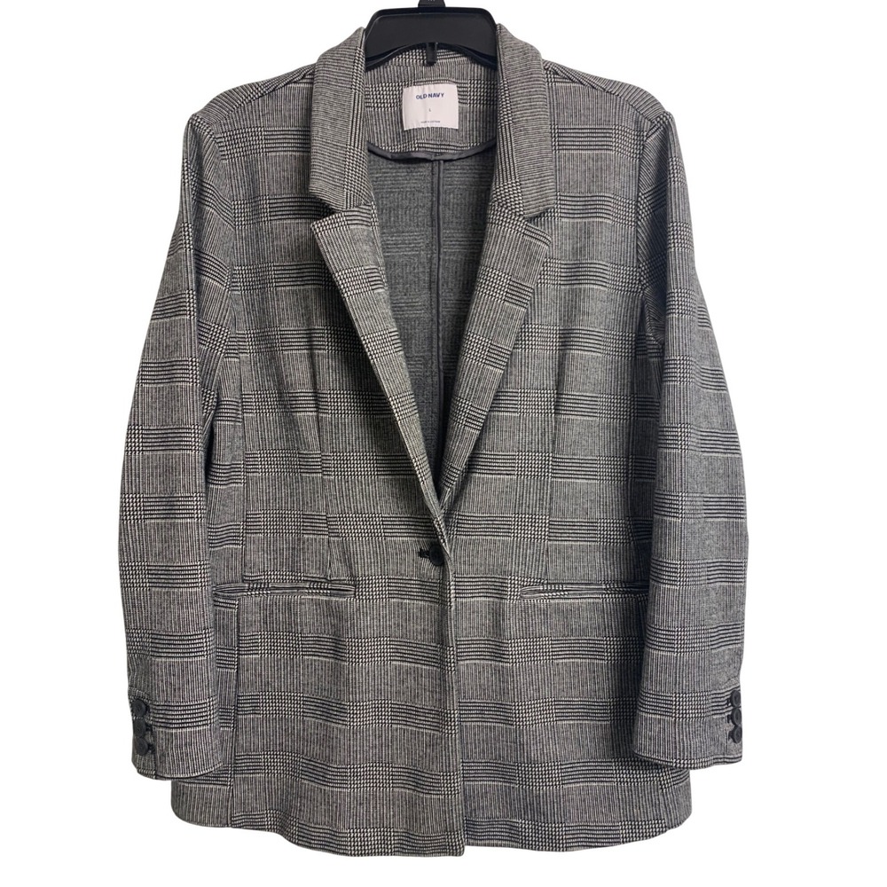Old Navy Black White Plaid Cotton Blend Longline Blazer Jacket Large